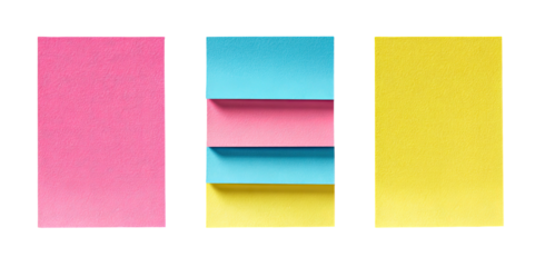 Three colorful sticky notes, with various colors on a black background, a composition of organization