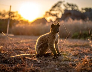 Fototapeta premium Small mammal, backlit by setting sun, rests on the golden ground