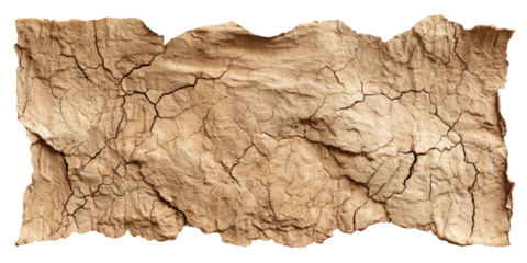 A weathered, textured scroll with jagged edges, showing a pattern of cracks across a tan surface