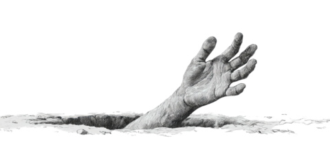 A grayscale image features a hand reaching upwards from a hole, set against a black backdrop