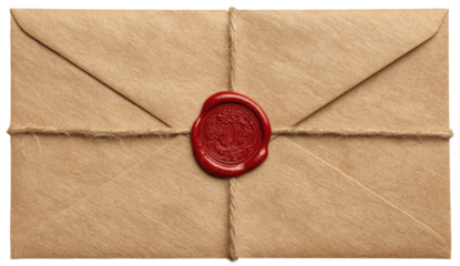 Close-up of a brown paper envelope sealed with a red wax stamp and twine