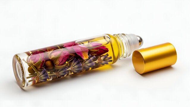 Perfume oil roller bottle with dried petals, isolated, showcasing fragrance and beauty products