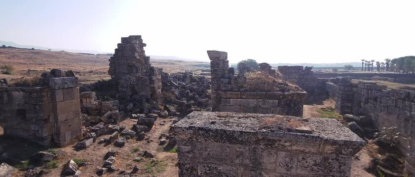 Remains of ancient buildings in Hierapolis ancient city. Pamukkale. Turkey