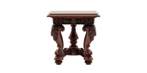 A finely crafted, ornate wooden table with intricately carved legs and a square tabletop