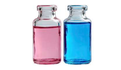 Two glass vials, one pink and one blue, with liquids inside, against a black background