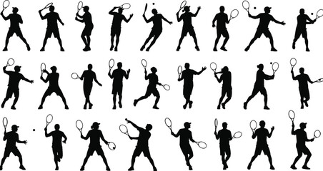 Dynamic Tennis Player Silhouettes Set of 27 Vector Illustrations, Male Athletes Serving, Hitting, and Volleying Action Poses for Sports Design Background.