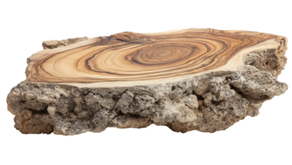 Close-up of a rustic wooden slab with visible grain and rough, textured bark edges