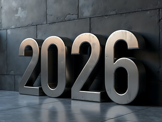 A 3D render of gold metal numbers for a new year celebration business sale showing the year 2026 as a 100 percent text symbol illustration