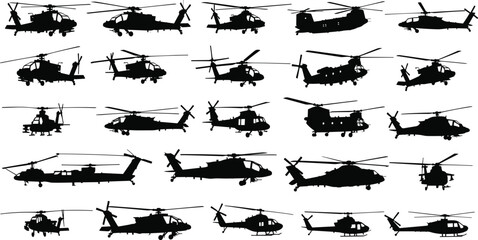 Set of detailed military combat and utility helicopter silhouettes, including attack, transport, and reconnaissance aircraft, perfect for aviation and defense vector design.