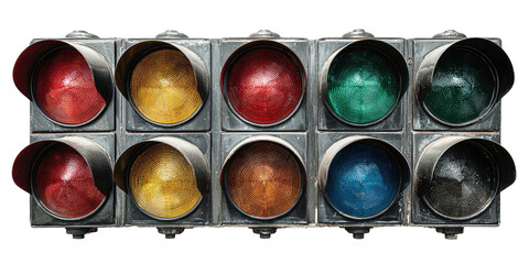 Close-up of a racing light display, showing illuminated colored signals in a rectangular array