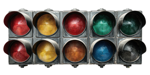 Close-up of a racing light display, showing illuminated colored signals in a rectangular array