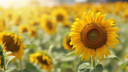 Fototapeta premium Vibrant Yellow Sunflower Blooming in a Large Field under Bright Sunny Sunlight