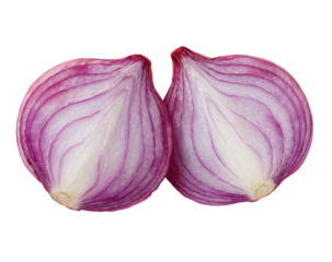 Sliced red onion halves on a black background, showing internal layers and textures