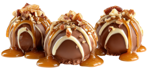 Three decadent chocolate truffles, drizzled with caramel and white chocolate, and topped with nuts