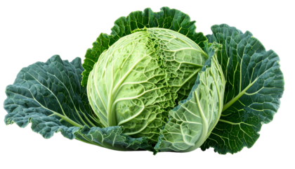 A fresh, vibrant, Savoy cabbage, its crinkled leaves overlapping, isolated on black