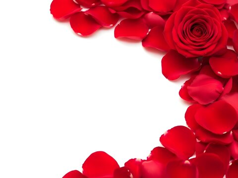 A beautiful red rose and vibrant petals creating a romantic corner frame on white background