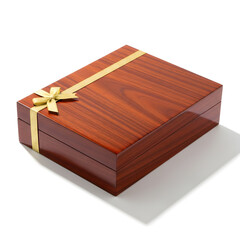 Elegant closed wooden box with gold ribbon and bow, polished surface reflecting light, presented diagonally on a clean white background with shadow.