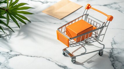 Miniature Shopping Cart with Orange Box and Cannabis Leaf on Marble