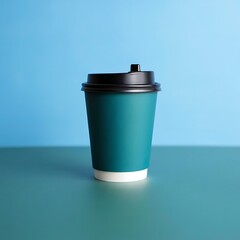 Teal disposable coffee cup with black lid on blue background