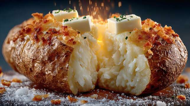 A hyper-realistic perfectly baked potato, fluffy interior, crispy skin, hint of butter, on white