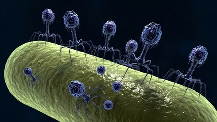 Bacteriophage virus attacking a bacterial cell. Concept of viral infection, microbiology research, and antibiotic alternative therapy.