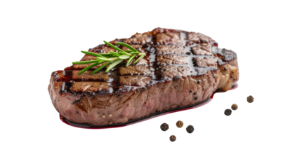 A succulent grilled venison steak with a red wine and juniper reduction, isolated on white background for a gour Png1