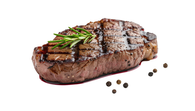A succulent grilled venison steak with a red wine and juniper reduction, isolated on white background for a gour Png1