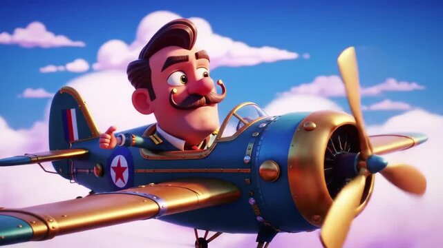 Cartoon pilot flying propeller aircraft through fluffy clouds