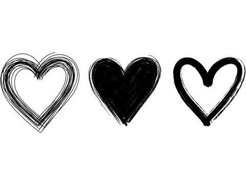 Three hand-drawn black heart symbols with different styles on a white background