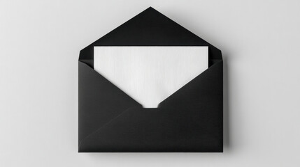 Square Envelope, A minimalist shot of a square black envelope with a blank square white card sticking out, on a clean white background. 