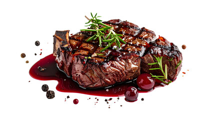 A succulent grilled venison steak with a red wine and juniper reduction, isolated on white background for a gour Png 3