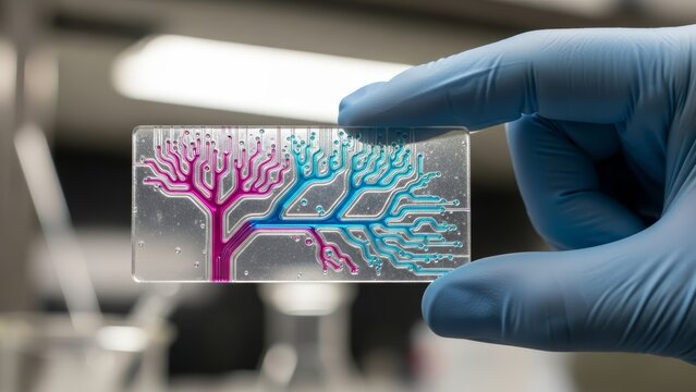 Scientist holding a microfluidic chip with pink and blue liquid patterns representing organ-on-a-chip technology for research and development. - Powered by Adobe