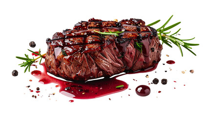 A succulent grilled venison steak with a red wine and juniper reduction, isolated on white background for a gour Png2