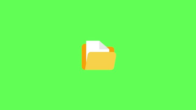 Animated folder icon on green screen for video projects. Modern document icon with paper flying out