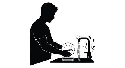A man is washing dishes at the kitchen sink a simple domestic scene silhouette