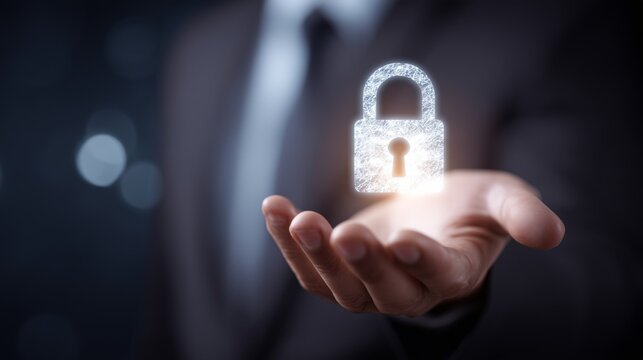 Businessman hand presenting a glowing digital padlock representing data protection and internet privacy with copy space - Powered by Adobe