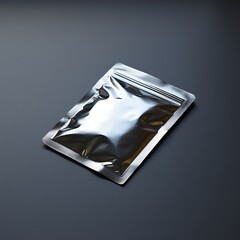 Shiny silver foil pouch packaging for food or supplements on dark background