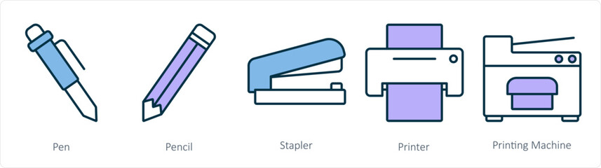 Obraz premium A set of 5 business icons as pen, pencil, stapler