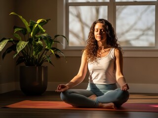 Fototapeta premium Woman sitting in lotus position on yoga mat in front of a plant and window in a room with a peaceful atmosphere and natural light