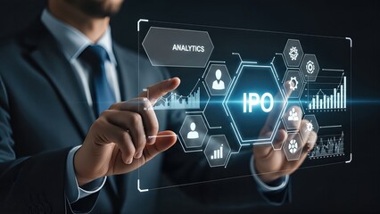 Businessman in suit interacting with digital interface displaying IPO analytics, graphs, and data visualizations, representing investment opportunities and market insights