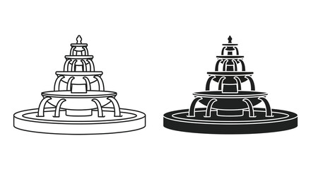 Detailed black and white illustrations of ornate tiered fountains presented in a striking silhouette © Bsicon02