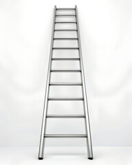 Tall metal ladder stands vertically against a plain white background.
