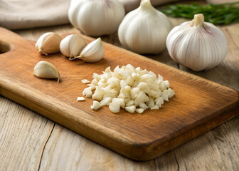 Chopped Garlic Sits On A Wooden Board Next To Whole Bulbs And Cloves In The Kitchen