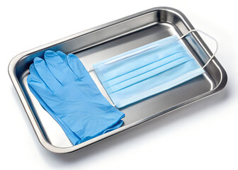 Sterile gloves and a disposable face mask laid on a stainless steel surgical tray.