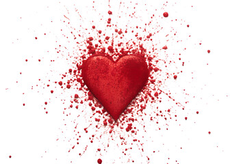 Red ink heart splatter on a transparent background showing abstract grunge texture and love symbolism