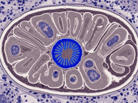 Cross section of a microfilaria, a parasitic nematode larva shown under a microscope. Microscopic view of health pathology and biological research.