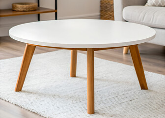 Round coffee table featuring white top and wooden legs, modern furniture design creating comfort in home interior