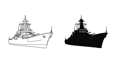 Detailed depiction of a large naval battleship alongside its striking black silhouette © Bsicon02