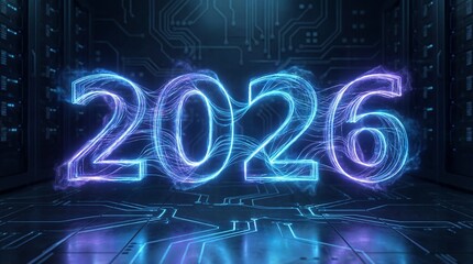 Glowing neon 2026 in futuristic server room with circuit boards