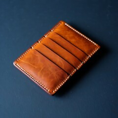 Brown leather card holder with white stitching on dark blue background